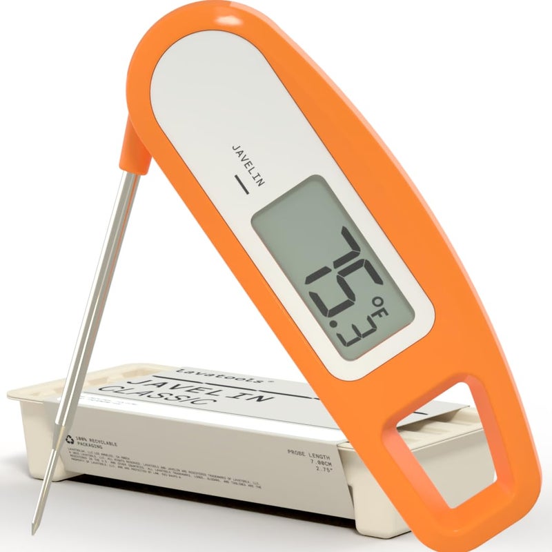 Lavatools JavelinÂ® Ultra-Fast 3-Second Digital Instant Read Meat Thermometer for Grill and Cooking, 2.75" Probe, Compact Foldable Design, Large Display, IP65 Water Resistant, NSF Certified â€“ Tangerine - Image 1